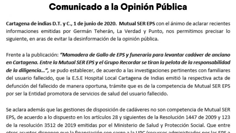 Mutual Ser comunicado a la opinión pública.