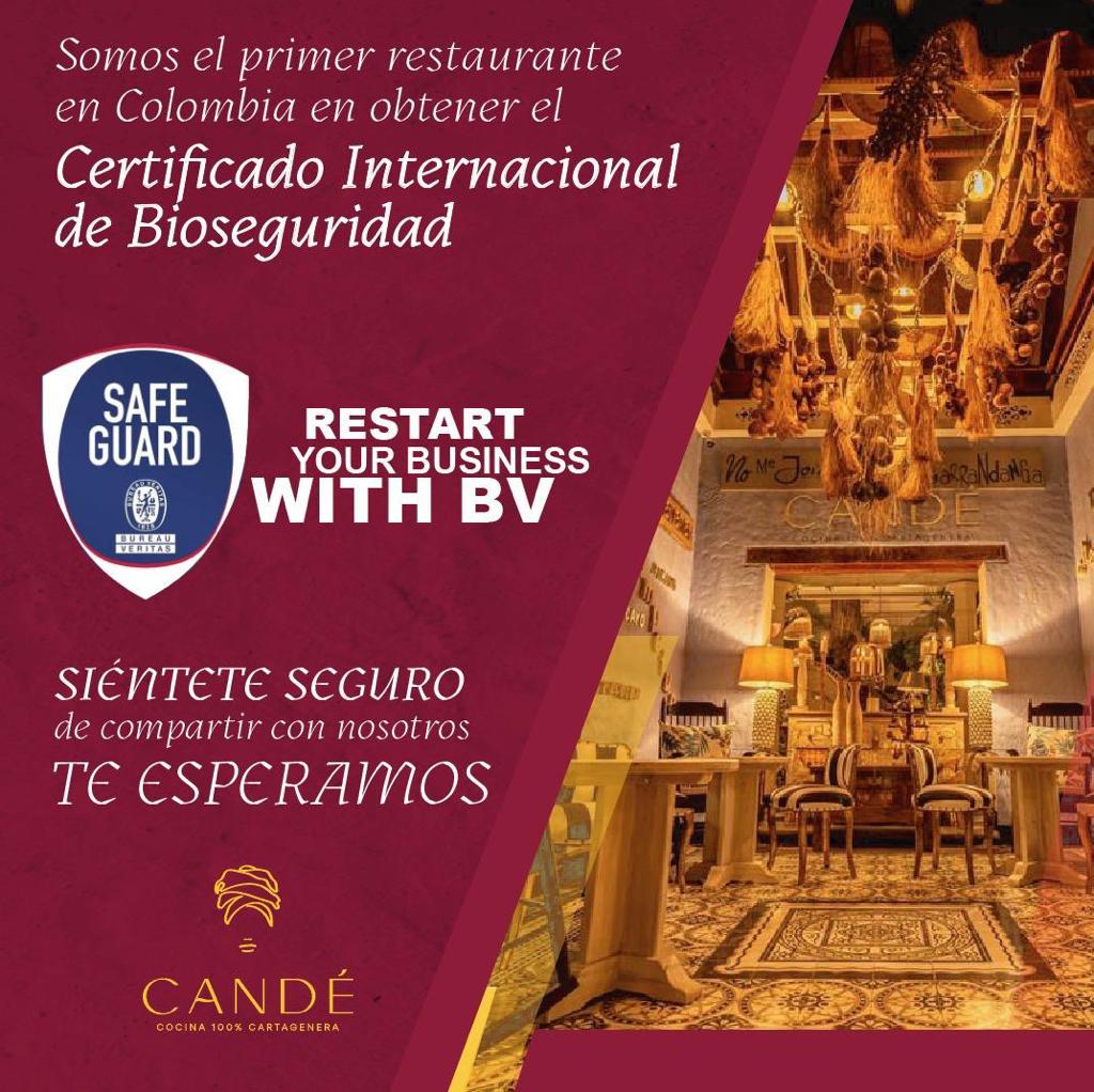 Restaurante Candé primer restaurante Cartageneros en recibir certificación de bioseguiridad internacional.