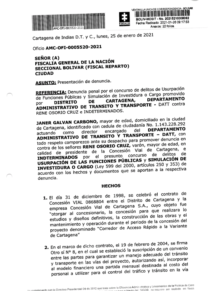 Por usurpación de funciones públicas, DATT interpone denuncia contra presidente de la Concesión vial.