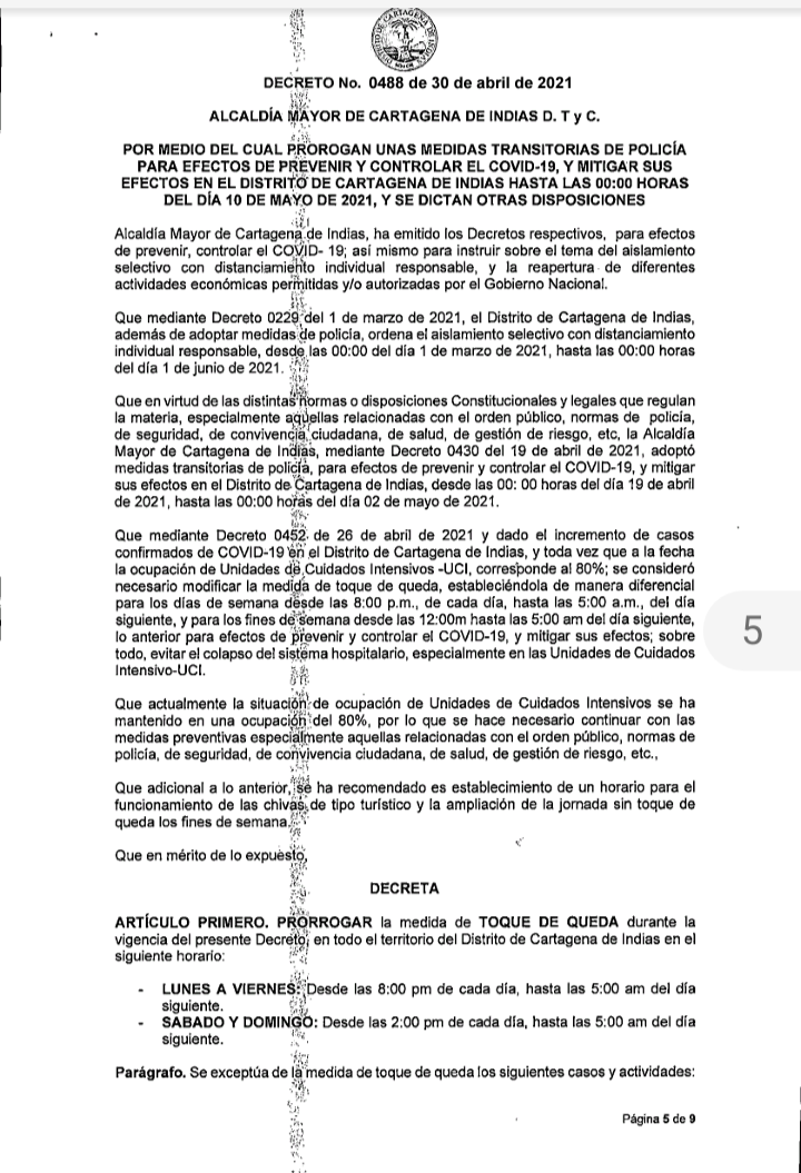Alcalde de Cartagena prorroga medidas para contener tercer pico de la COVID-19 en la Heróica.