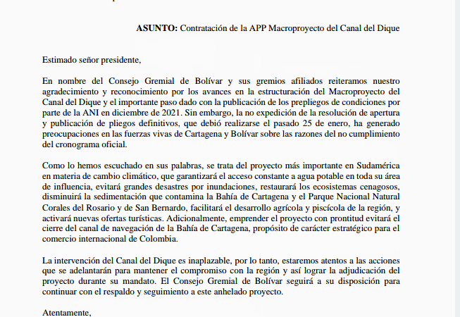 Consejo Gremial pone el dedo en la llaga, y en cartas enviadas al Presidente Duque y Ministro de Hacienda, les recuerda el compromiso del Macroproyecto del canal del Dique
