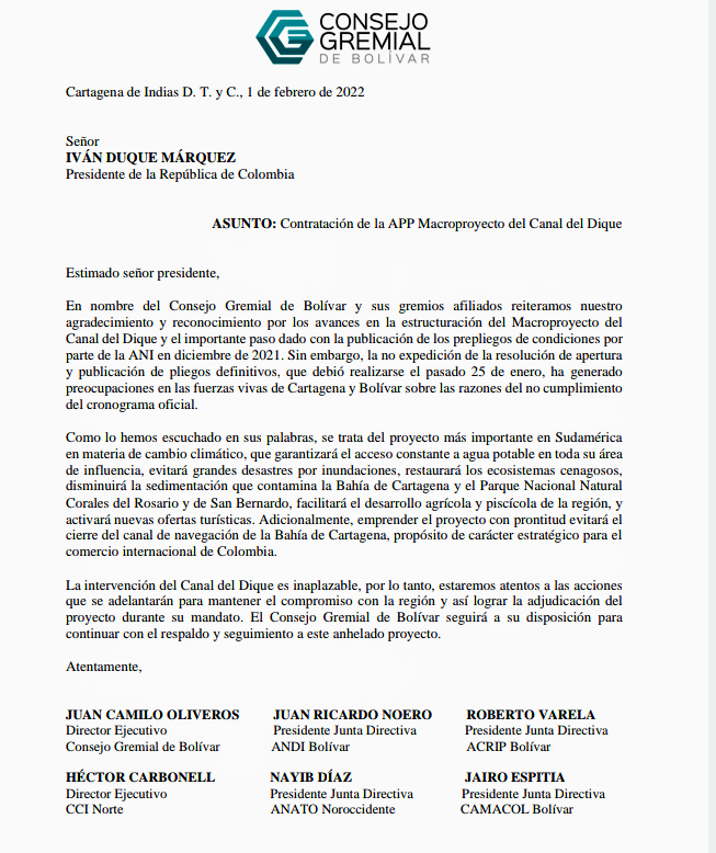 Consejo Gremial pone el dedo en la llaga, y en cartas enviadas al Presidente Duque y Ministro de Hacienda, les recuerda el compromiso del Macroproyecto del canal del Dique
