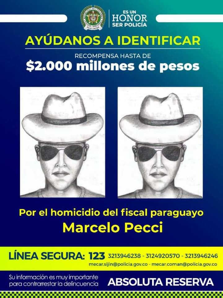 Recompensa de 2 mil millones de pesos por información del asesino del fiscal Uruguayo Marcelo Pecci,ofrece la policía de Colombia.