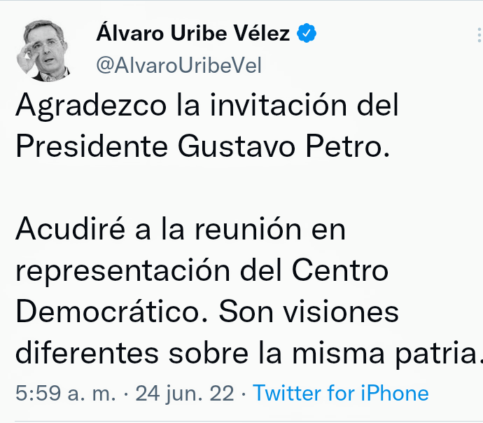 A través de un twit,el expresidente Alvaro Uribe Vélez aceptó la invitación a dialogar, del recientemente electo presidente de Colombia, Gustavo Petro Urrego.