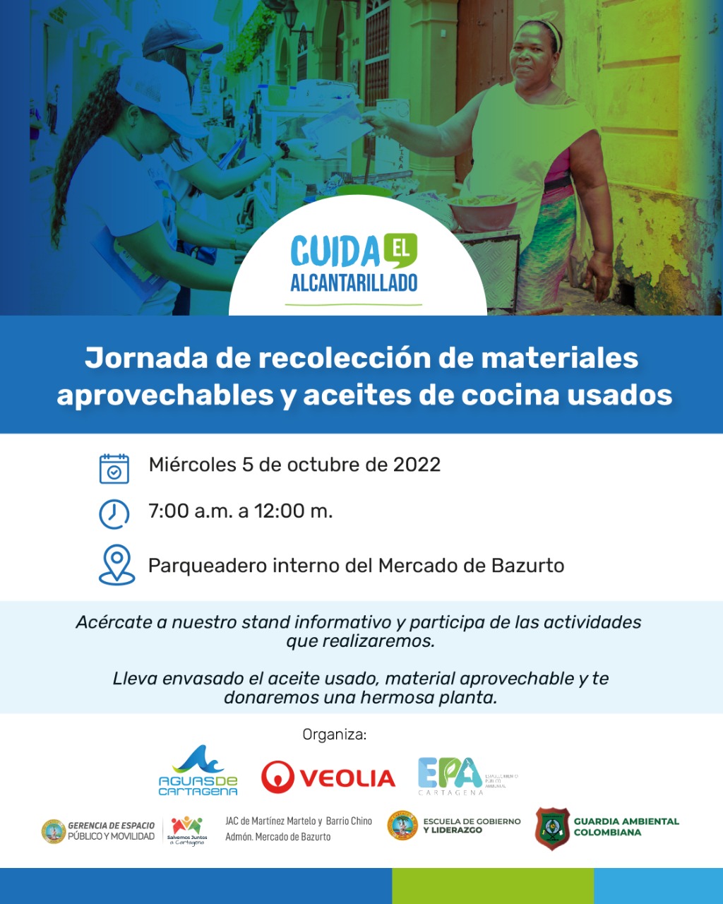Aguas de Cartagena entró al “corazón” del Mercado de Bazurto para realizar Jornada de recolección de materiales aprovechables y aceites usados.