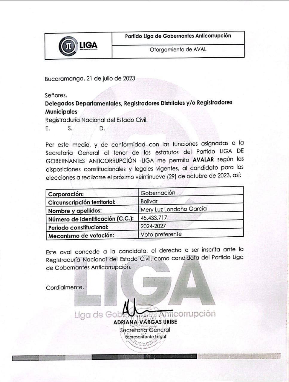 Liga de Gobernantes anticorrupción entrega aval para la Gobernación de Bolívar a Mery Luz Londoño, el hecho fue dado a conocer por su oficina de prensa.