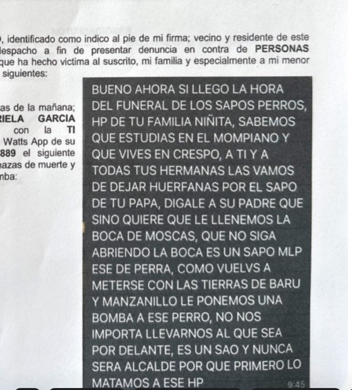Amenazado de muerte candidato a la Alcaldía William García Tirado, junto a su familia,a través de un mensaje de WhatsApp.