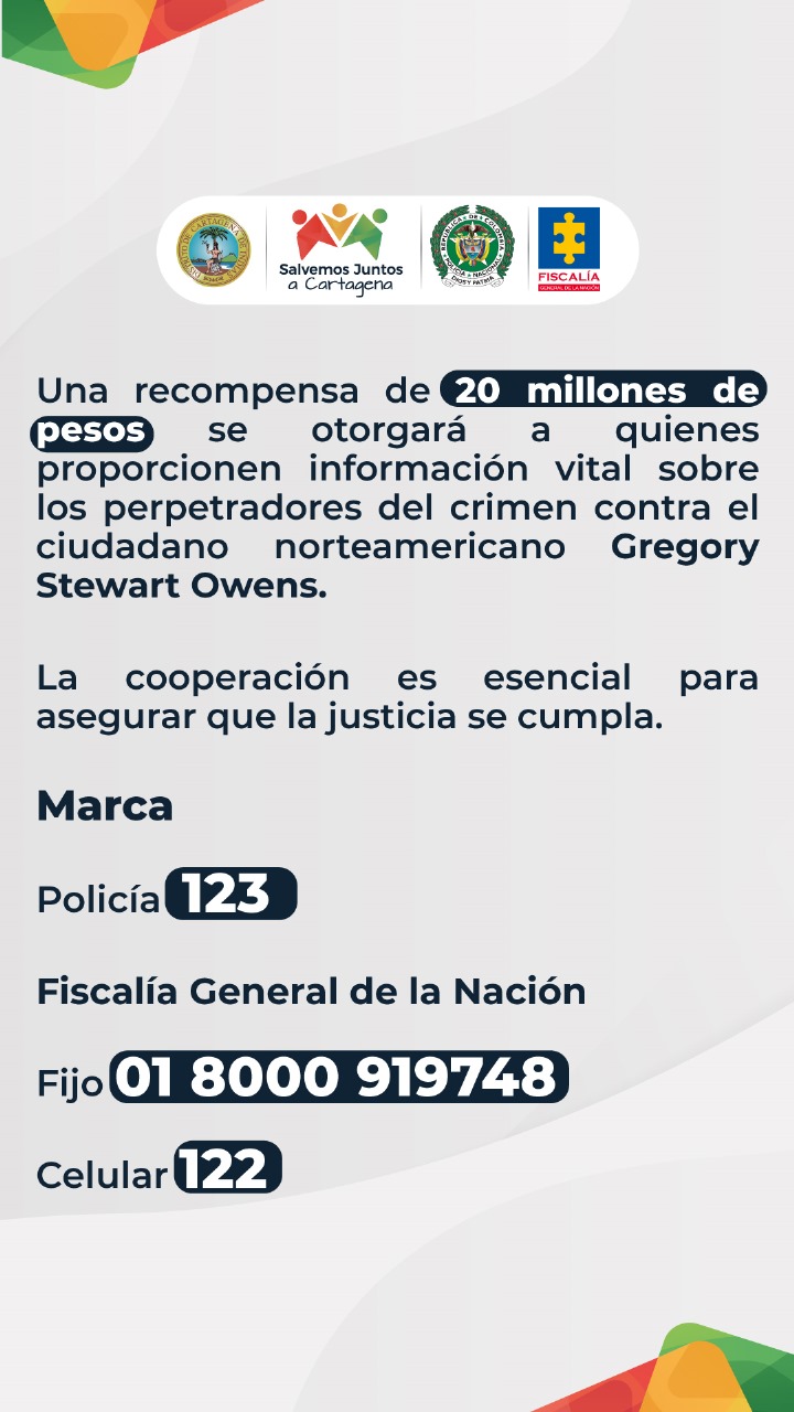 Tras defenderse de un atraco en Cartagena, un estadounidense perdió la vida, Alcaldía ofrece millonaria recompensa.