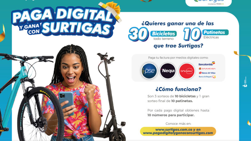 Una patineta electrica o una bicicleta todo terreno, te puedes ganar si pagas digital: Surtigas.