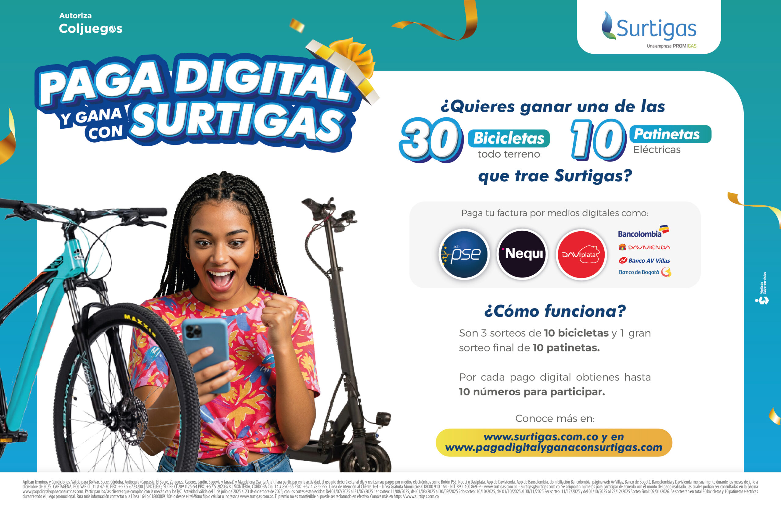 Una patineta electrica o una bicicleta todo terreno, te puedes ganar si pagas digital: Surtigas.