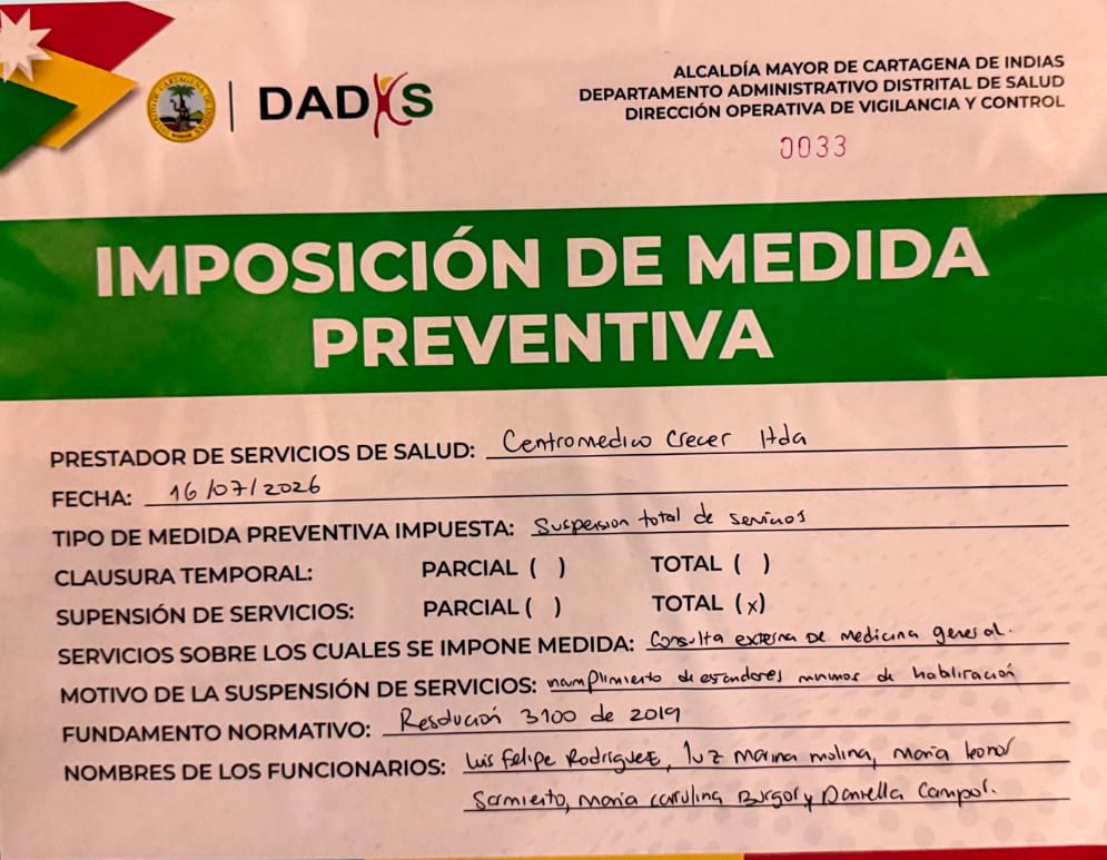 Alcaldía de Cartagena, a través del Dadis, cierra servicios de la clínica Crecer por incumplimiento de la norma de habilitación: alcalde Dumek Turbay reiteró que la salud siempre debe ser garantizada